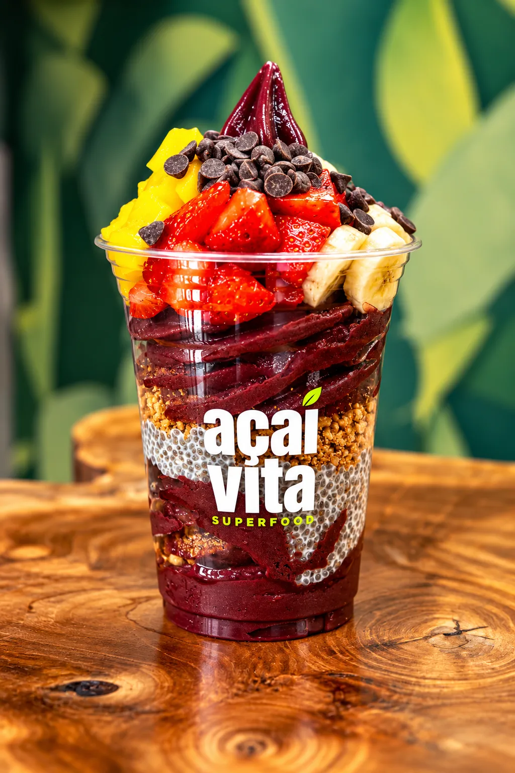 Vita Bahía con mango, fresa, plátano, chía y pepitas de chocolate