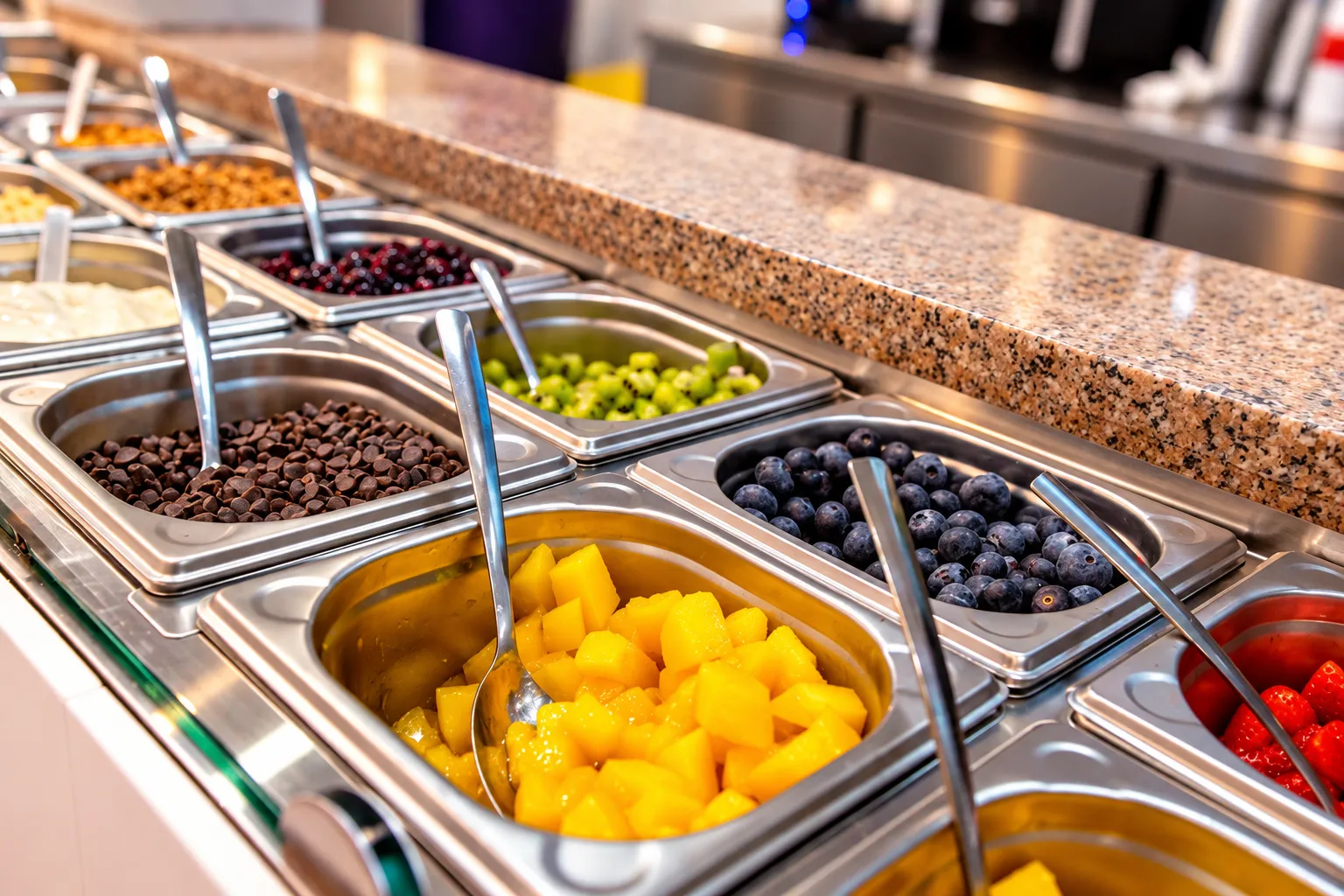 Fruta fresca cortada en la barra de toppings