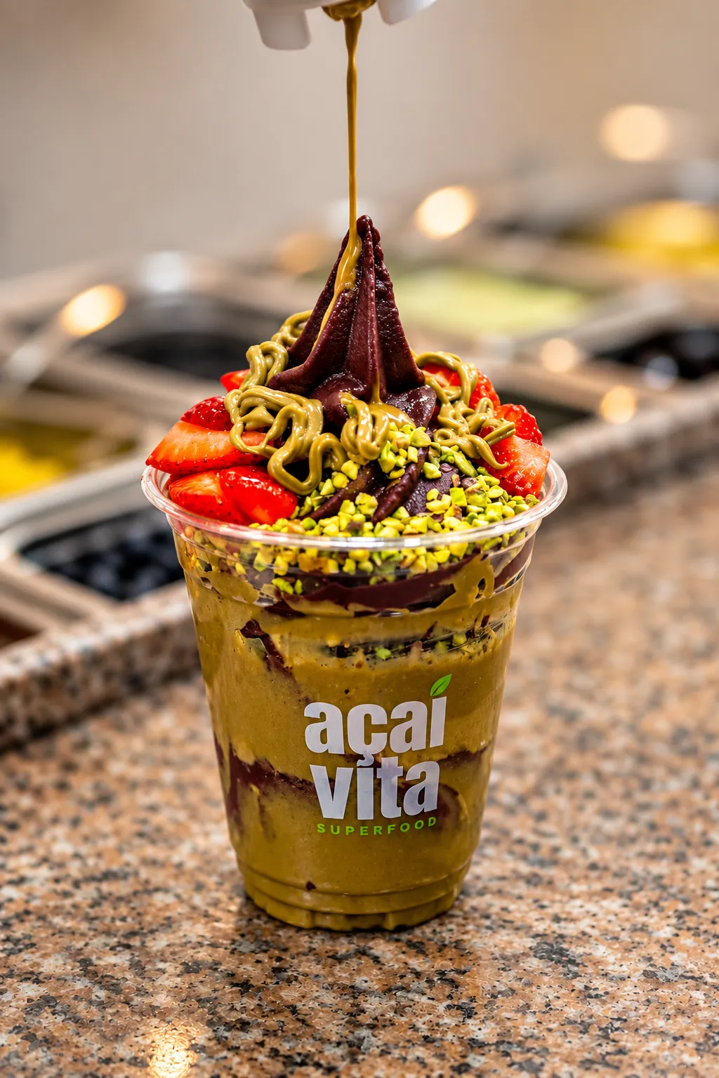 Crema de pistacho cayendo sobre un Vita Pistachio recién montado en el mostrador